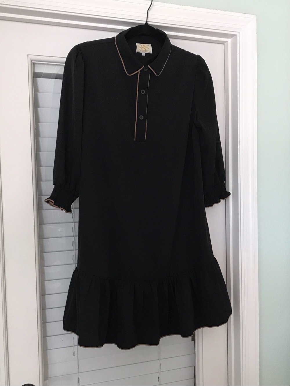 Black Ruffle-Hem Mini Dress with Contrast Piping